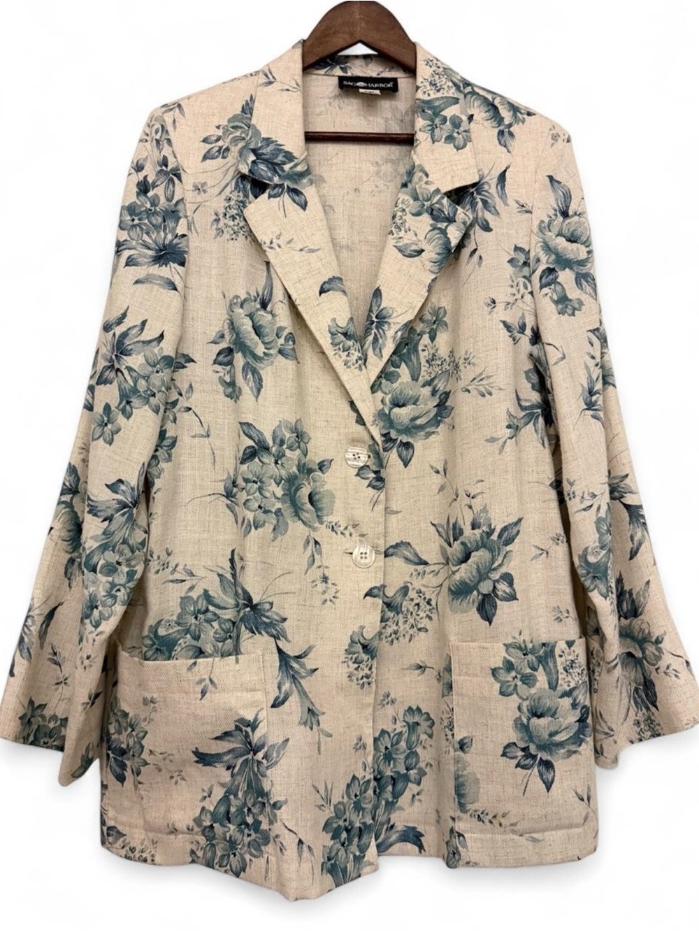 Vintage Sag Harbor Floral Linen Look Lightweight Blazer Size 14 Blue Beige